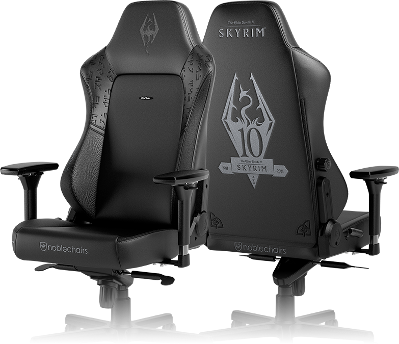 Front and back view of Noblechairs HERO gaming chair – The Elder Scrolls V: Skyrim 10th Anniversary Edition with embossed Skyrim logo