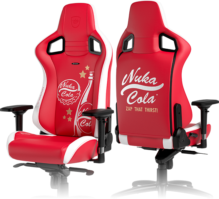 Front and back view of noblechairs EPIC gaming chair – Fallout Nuka-Cola Edition